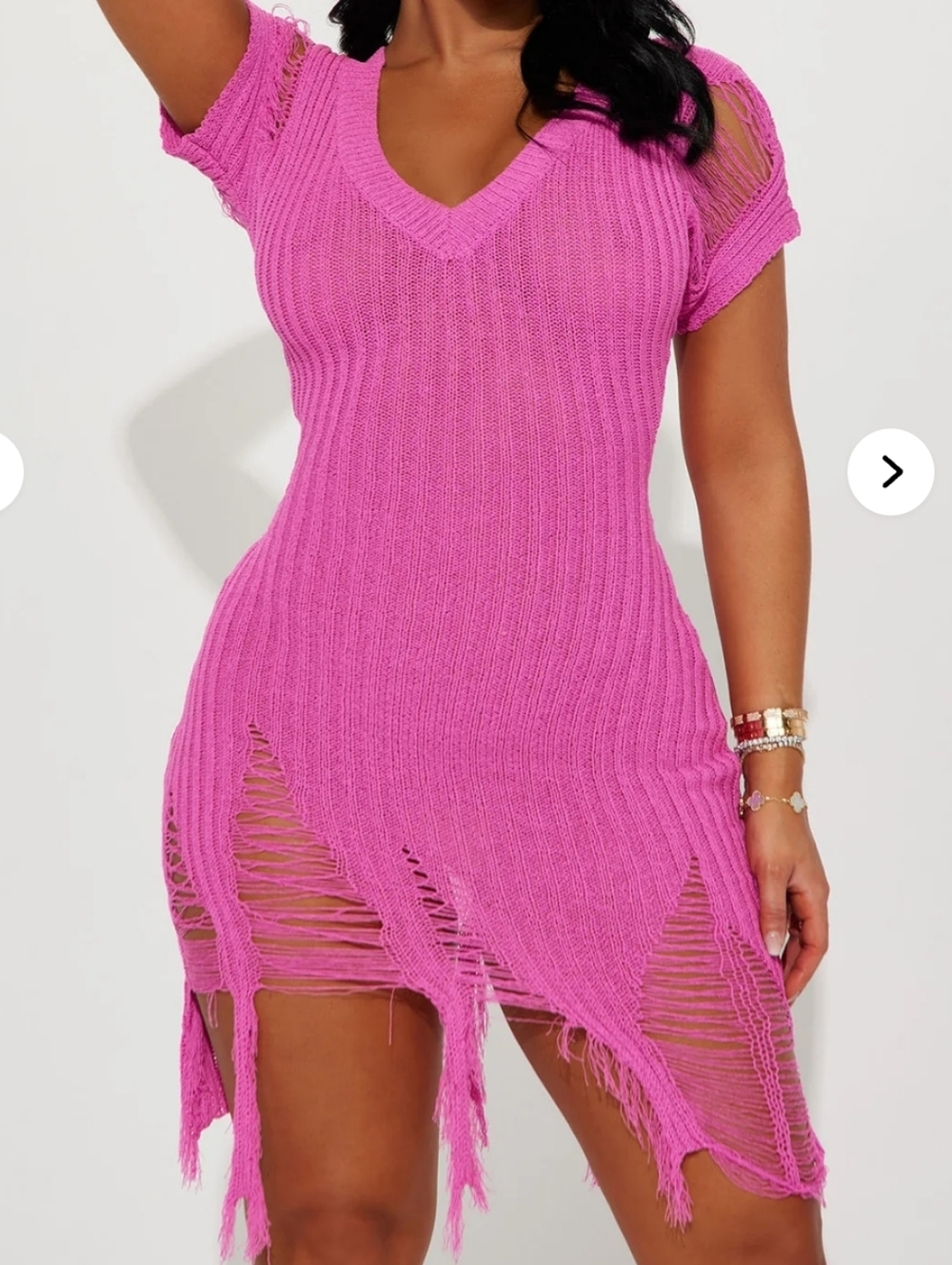 Bright Pink Distressed Knit V-Neck Dress